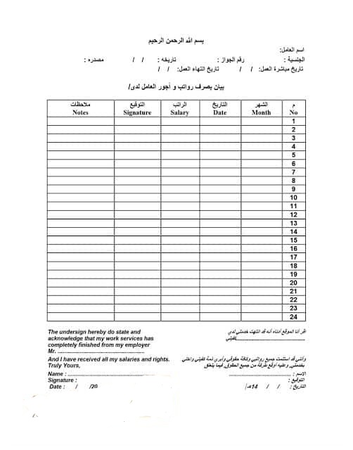 نموذج كشف استلام الرواتب الشهرية pdf، word، doc، excel