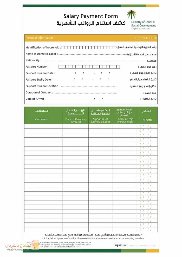 نموذج كشف استلام الرواتب الشهرية pdf، word، doc، excel