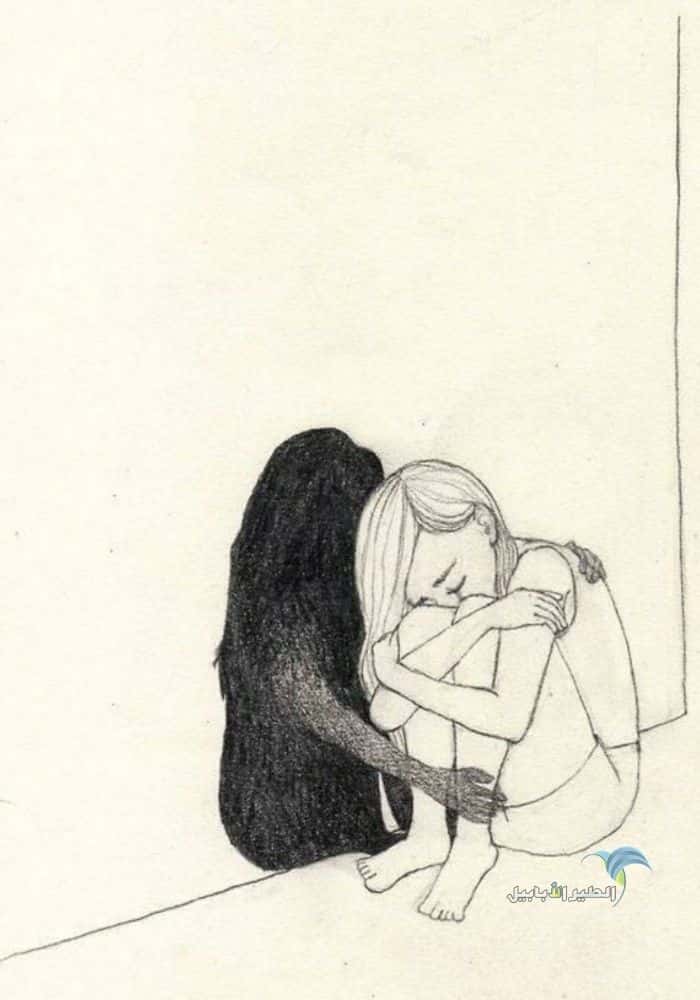 رسمة لبنت تجلس وحيدة تحت جدار